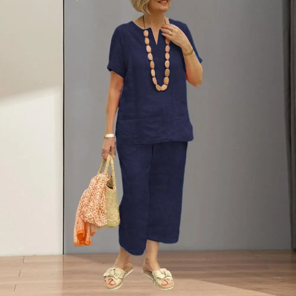 2Pcs Women Blouse Pants Set Solid Color Short Sleeve Loose Top Wide Leg Straight Pants Sets Casual Matching Tracksuit Outfit 250605