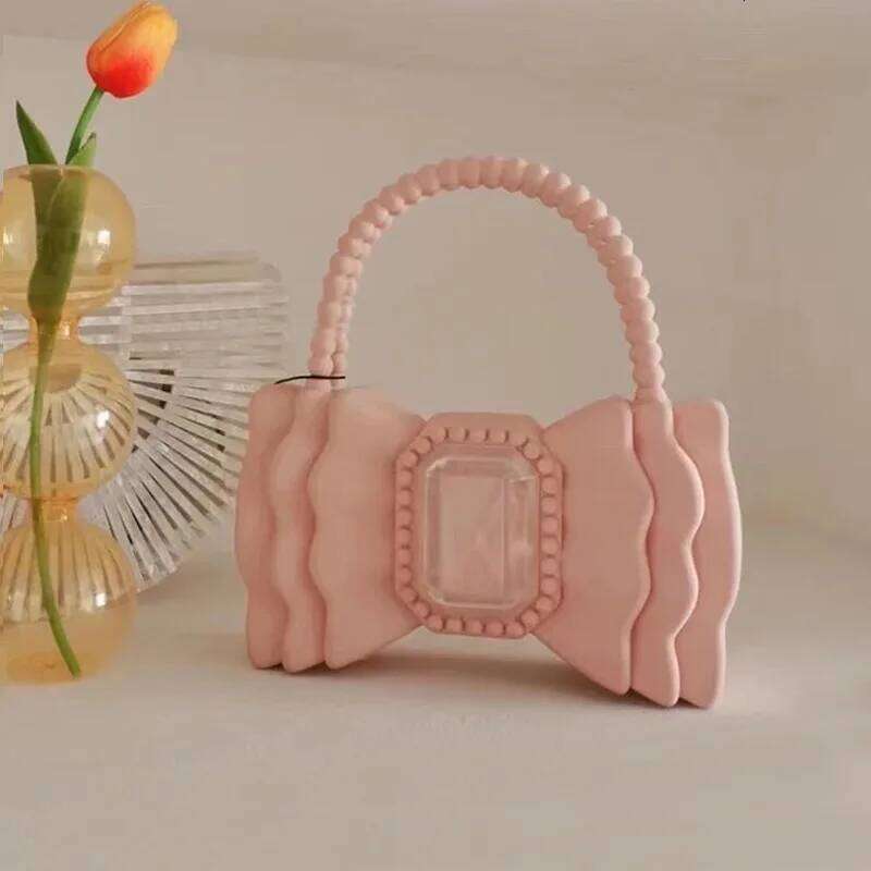 Brands Bow Jelly Women Handbag Cute Beading Handle Clutch Sweet PVC Hand and Purse Big Dias Evening Party Bags Lady INS