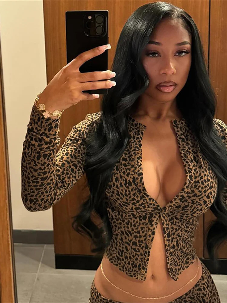 Nibber 2 Piece Set Leopard Print Woman Button-Down Mini Long-Sleeved TopCropped Trousers Sexy Comfortable Wild Midnight Suit 250605