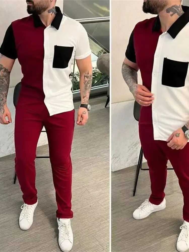 Men Pant Set Two Piece Sets Short Sleeve Turn Down Collar Single Breasted Shirt Tops Splice High Waist Long Pants 2024 W250609