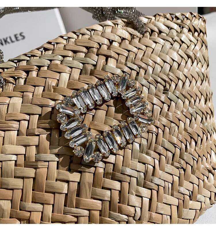 Glitter Shiny Rhinestones Dias Handle Handbag Straw Woven Handmade Bucket Women Clutch Purse Holiday Vacation Beach Bag