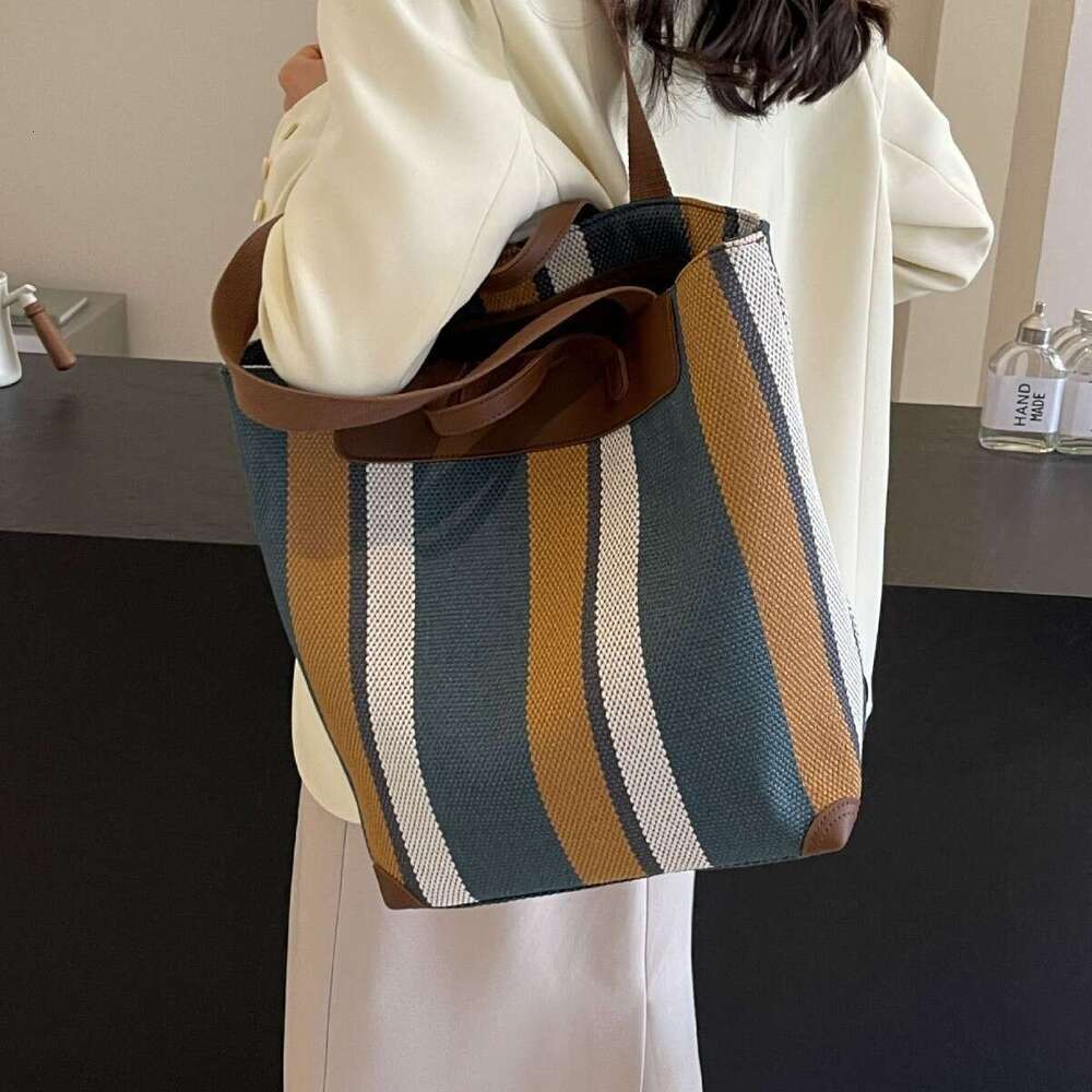 2025 Canvas New Fashion Striped Color-Block Women's Large Capacity Versatile Trendy Ladies' Casual Shoulder Bag
