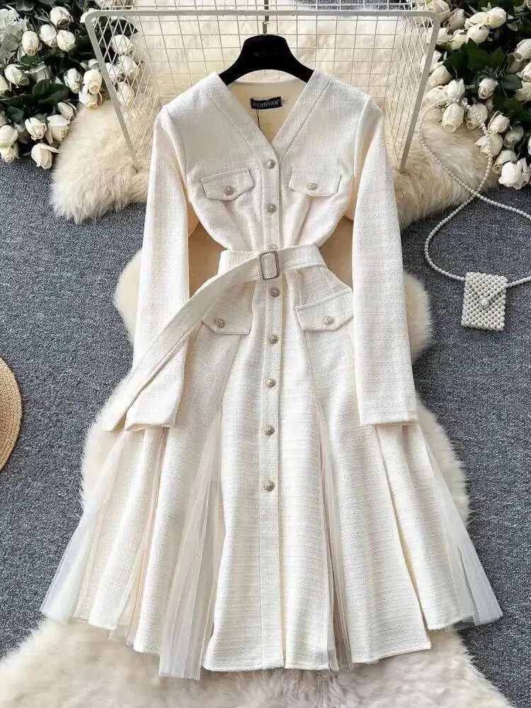 Autumn Vintage Long Sleeve Mesh Tulle Tweed Woolen Midi Dresses Womens Pearls Golden Single Breasted Diamonds Belt Clothing 250603