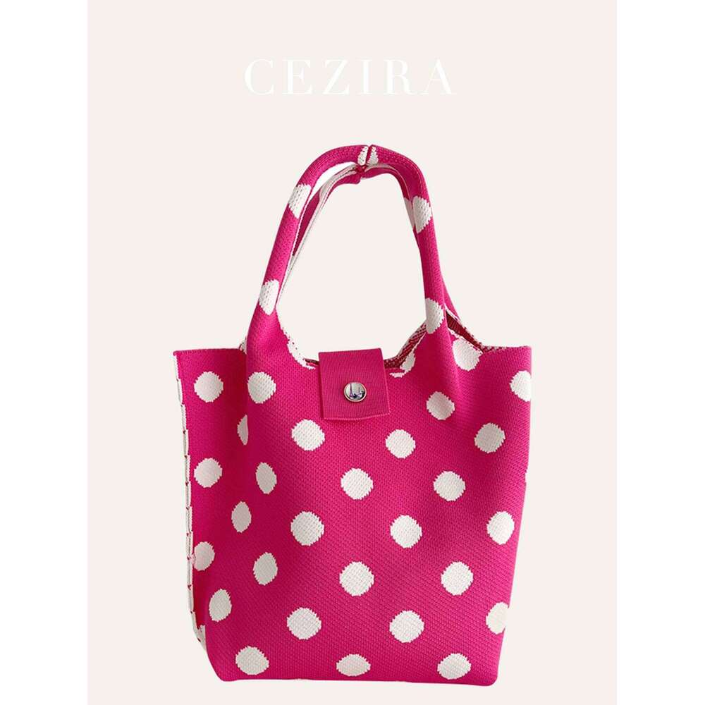 CEZIRA Polyester Knitting Handbags Contrast Color Dots Pattern Purse Women Top-Handle Bucket Bags Random Button Daily Travel