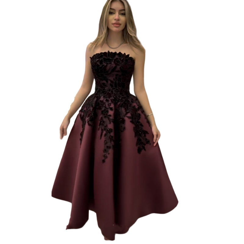 Brand Burgundy Strapless Satin A Line Prom Dresses With Glitter Beads Lace Appliques Evening Gown For Graduation And Birthday Party Mb626 - view 8