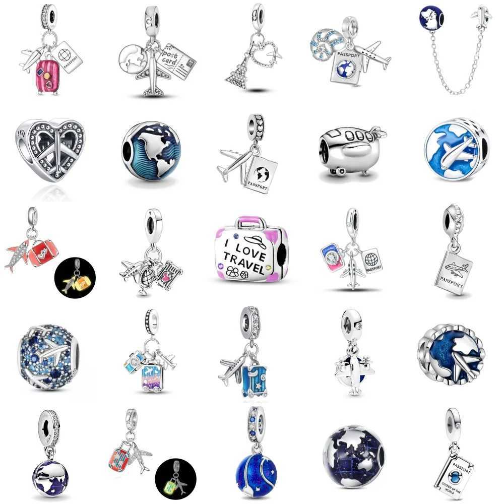 New s925 silver Airplane Passport Earth Travel Charm Pendant Beads Fit Original Bracelet Accessories Women Jewelry Necklace Gift XJ250607