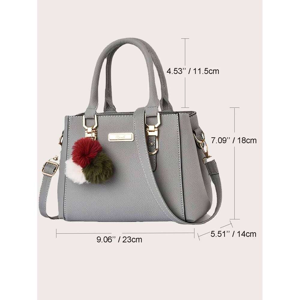 Waterproof,Lightweight,Business Casual Trendy Double Handle Satchel Bag, Pompom & Metal Decor Purse, Women's PU Crossbody Bag Pe
