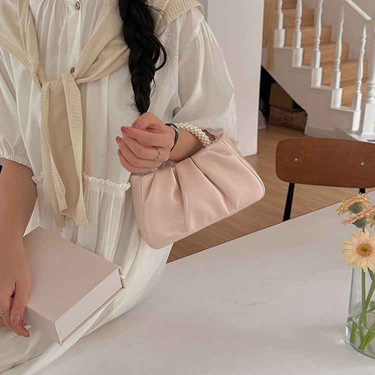 designer 2025 New Niche Handbag for Women Pearl Wrist Pleated Cloud Tote Bag Girl's Shoulder Crossbody Mini Bag