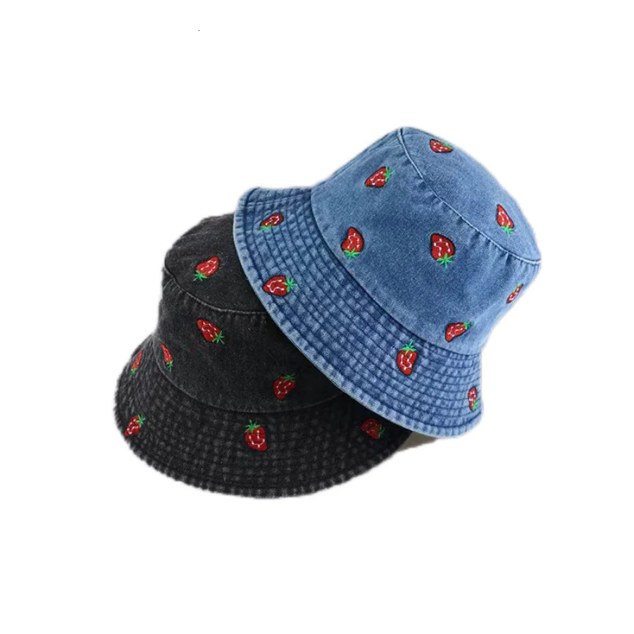 Spring Summer Strawberry Embroidery Denim Jeans Bucket Hat Legent Fisherman Hats for Women Foldable Sport Sun Beach Panama Caps 250605