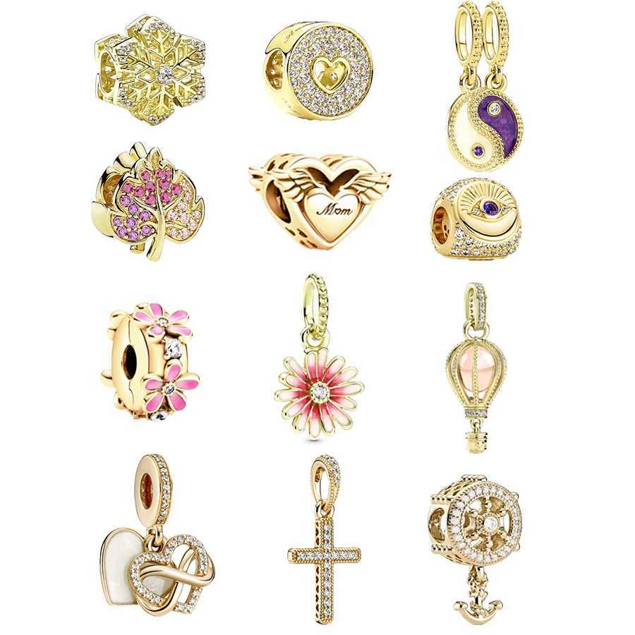 New Gold Plate Sparkling Pink Hot Air Balloon Lucky Horn Dangle Charm Fit Original 925 Sterling Silver Women Bracelet Jewelry XJ250607