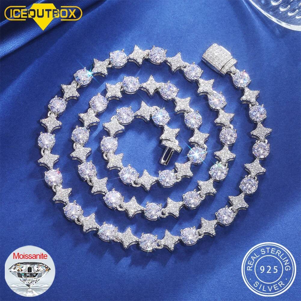 Sterling Sier Star Round Moissanite Tennis Chain Necklace For Women New Design Iced Out Hip Hop Fine Jewelry for Christmas