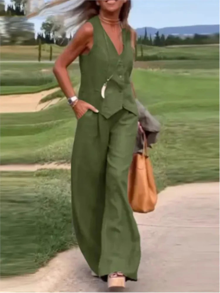 2025 Woman Elegant 2-Piece Pant Sets Casual Vest And Pants Sets Sleeveless Tops Suits 2pcs Outfits Wide Leg Trouser Sets 250605