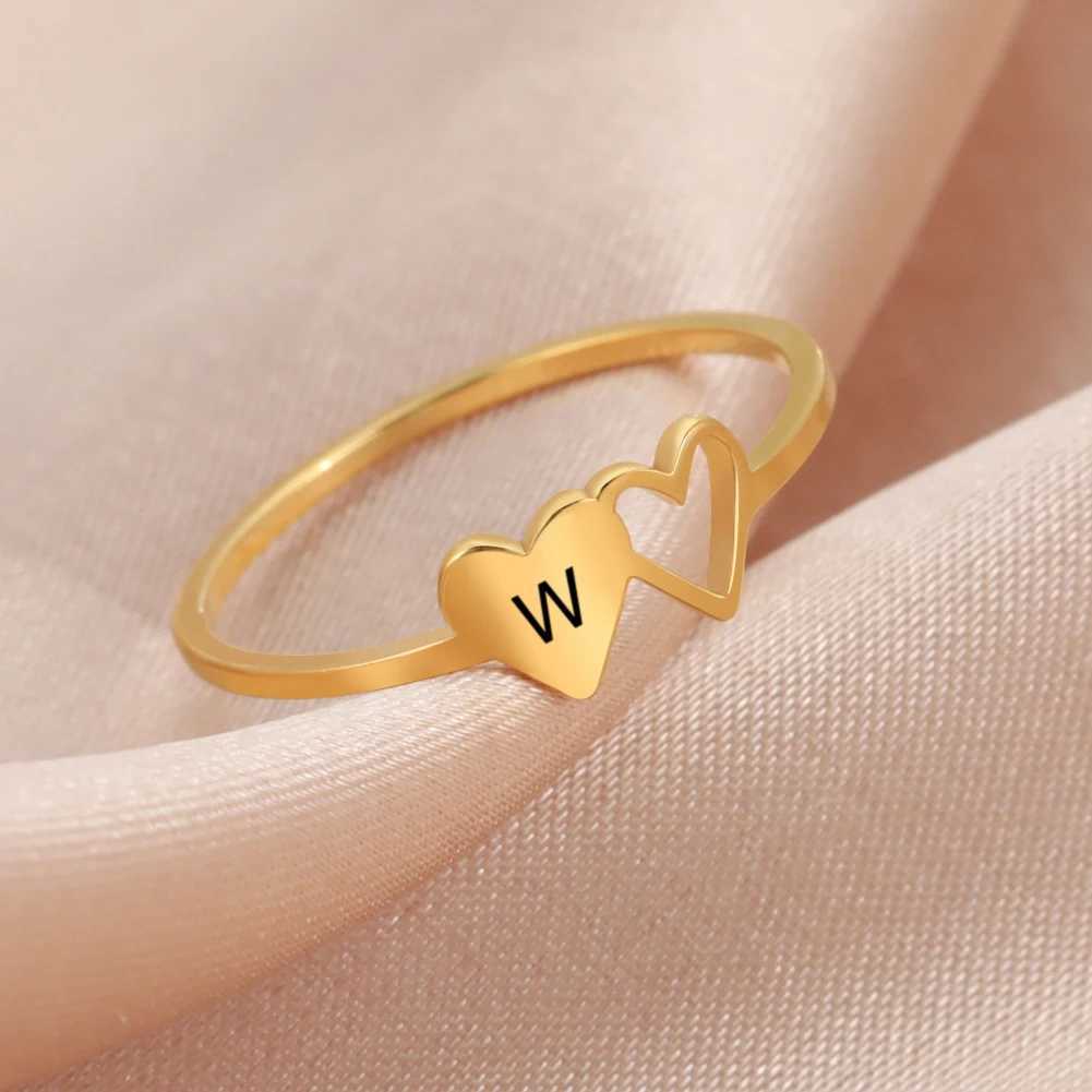 COOLTIME Trendy Initial Letter Rings for Women Stainless Steel A-Z Alphabet Hearts Jewelry Finger Rings Couple Wedding Gift W250606