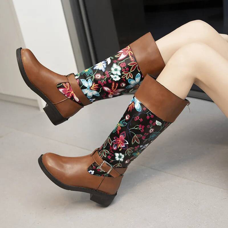 Ddmyoutdoor Retro Printed Flower Cowgirl Women Shoes Woman Genuine Leather Mid Calf Boots Winter Bohemian Knight Botas Mujer Outdoor Shoes