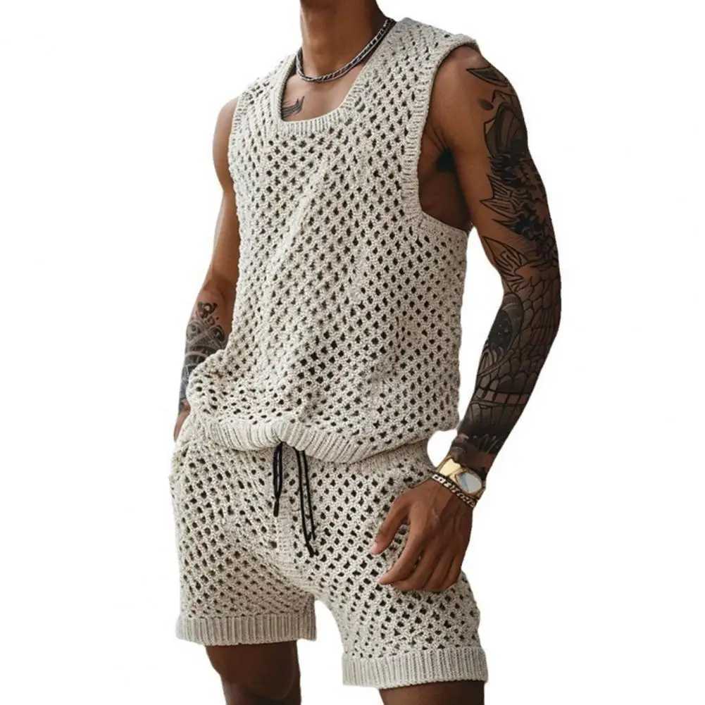 Vest Shorts Set Mens Casual Sleeveless Knit Top Drawstring Shorts Set for Daily Wear Elastic Waist Wide Leg Shorts for Men W250609