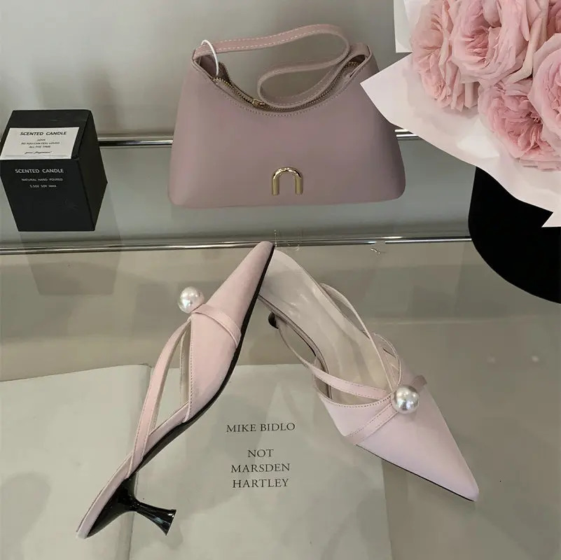 French Pointed Baotou Half Slippers Female 2025 Spring Wear Temperament Pearl Thin Heel Soft Soled Moqin Shoes 250603