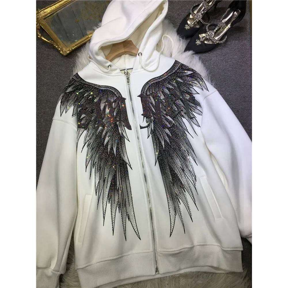 Women Big Wings Hot Drilling Hooded Jacket Dias Beaded Hoodies Coat Rhinestones Cardigan Zipper Plus Veet Tops