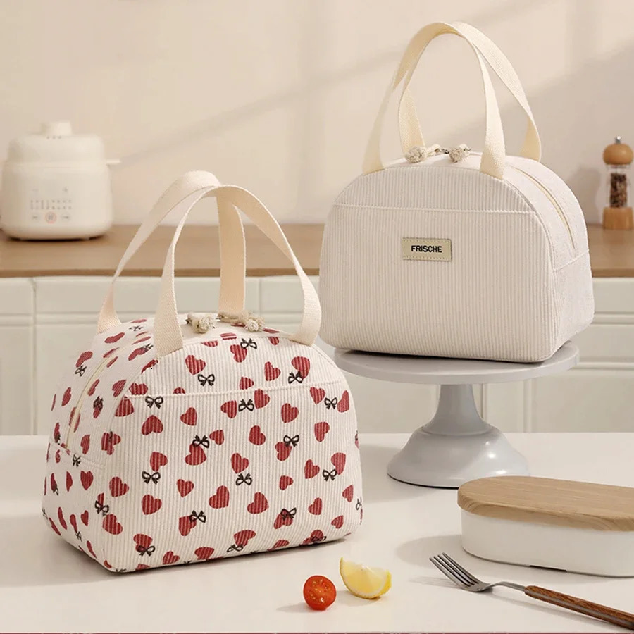 Corduroy Lunch Bag Thermal Insulation Lunch Box Storage Handbag Multifunctional School Cooler Bag Picnic FoodPouch 250606