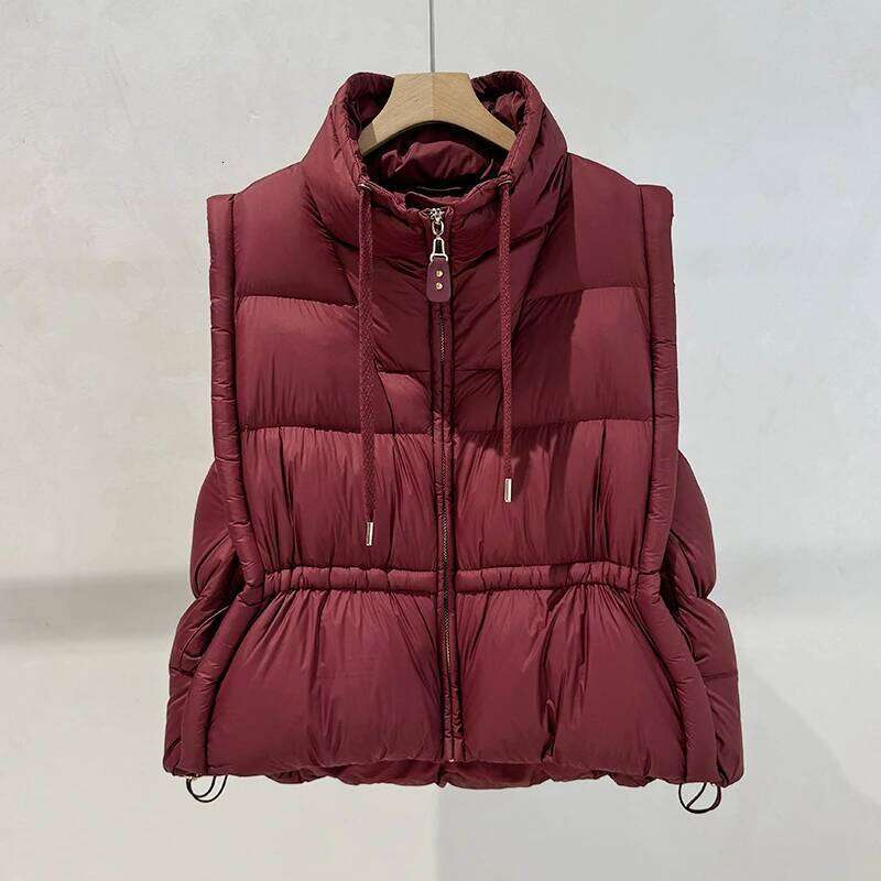 Janveny 2025 New Winter Drawstring Short White Duck Waistcoat Women Stand up Collar Loose Soft Puff Down Sleeveless Vest