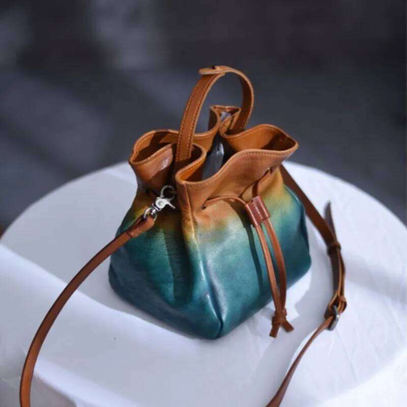 Johnature Vintage Drawstring Bucket Bag Genuine Leather Summer 2025 New High Quality Natural Cowhide Shoulder & Crossbody Bags