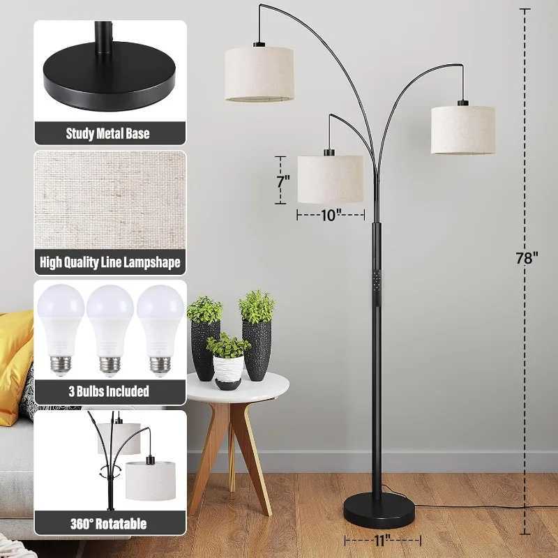 3 Lights Floor Lamp with Remote Control and 3 Stepless Dimmable Bulbs 78 Tall Standing Lamp with Hanging Drum Shade W250607