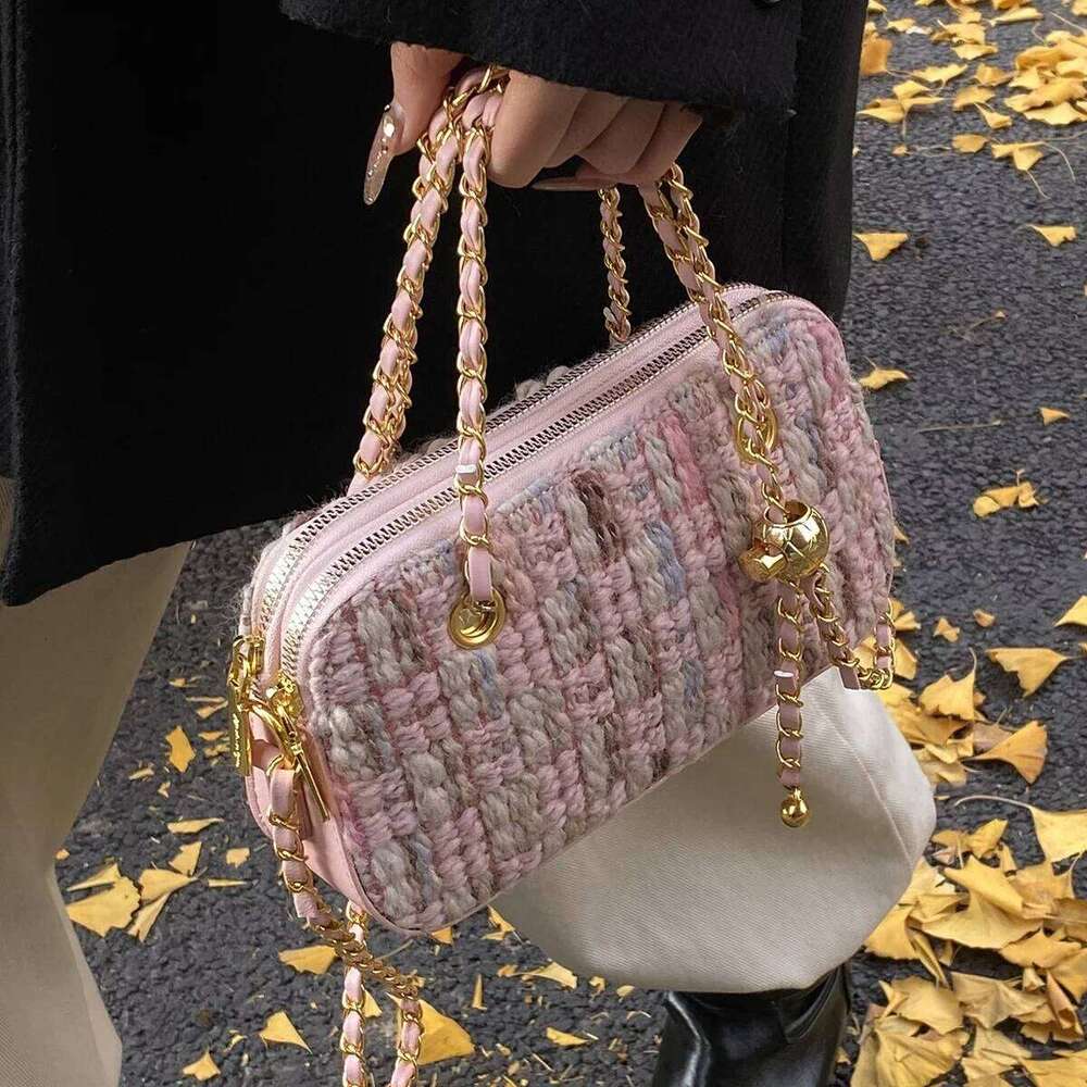 Elegant Women Pink Tweed Shoulder Bag Contrast Color Soft Crossbody Chain Bags Large Capacity Female All-Match Evening Packs