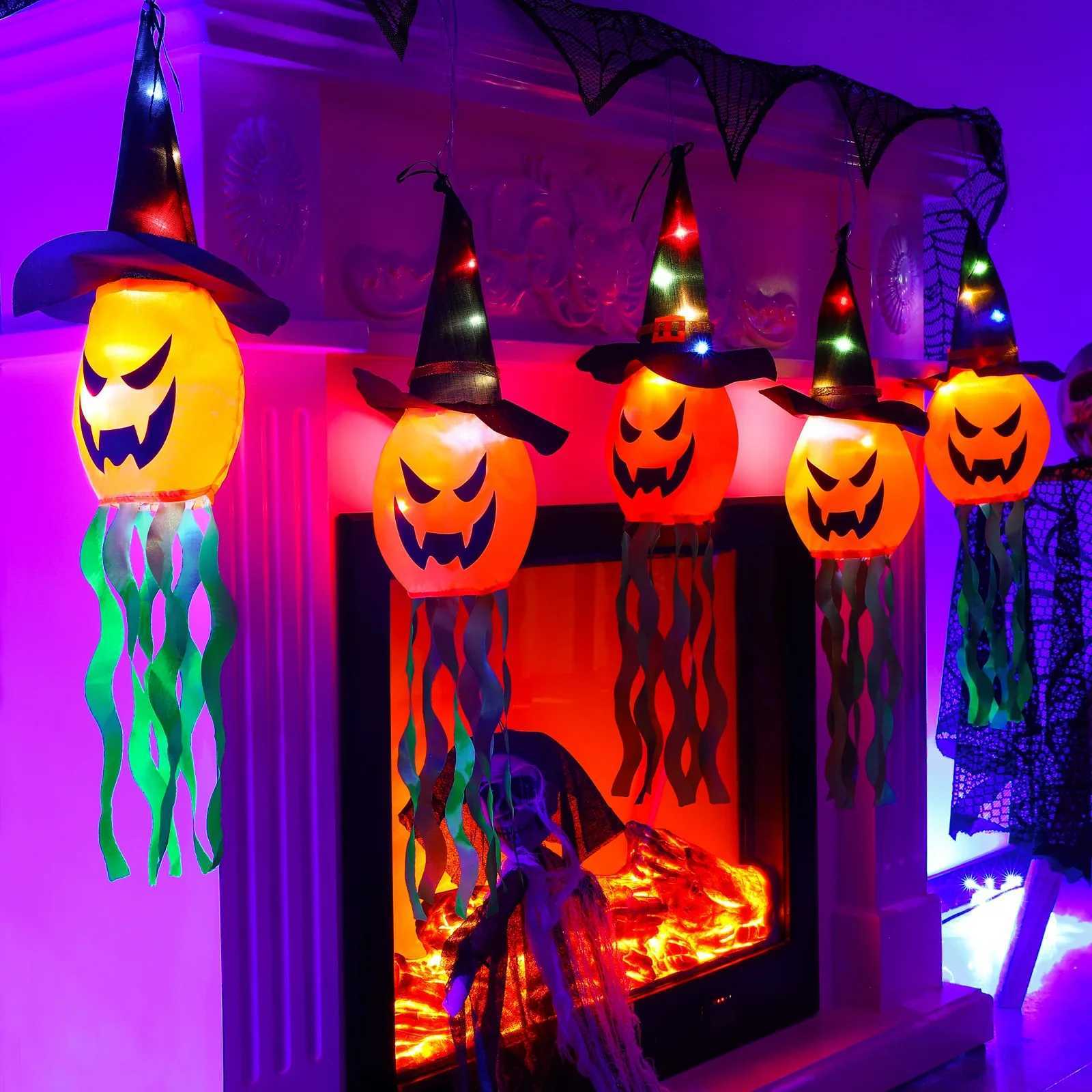 Pumpkin LED Halloween Decoration Flashing Light Gypsophila Ghost Festival Dress Up Glowing Ghost Hat Lamp Decor Hanging Lantern XJ250606