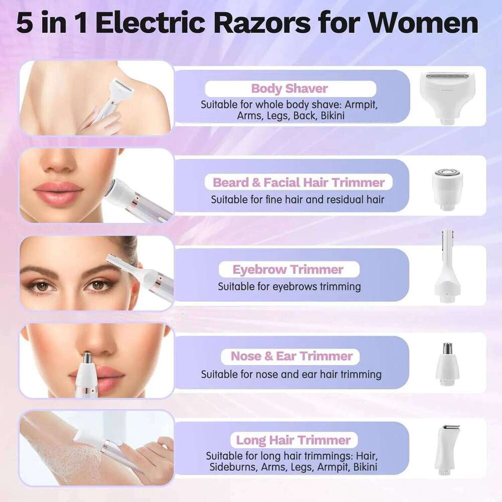 Razor Women 5 In 1 Rechargeable Electric Shaver For Lady Waterproof Portable & Skin-Friendly Painless Hair Trimmer