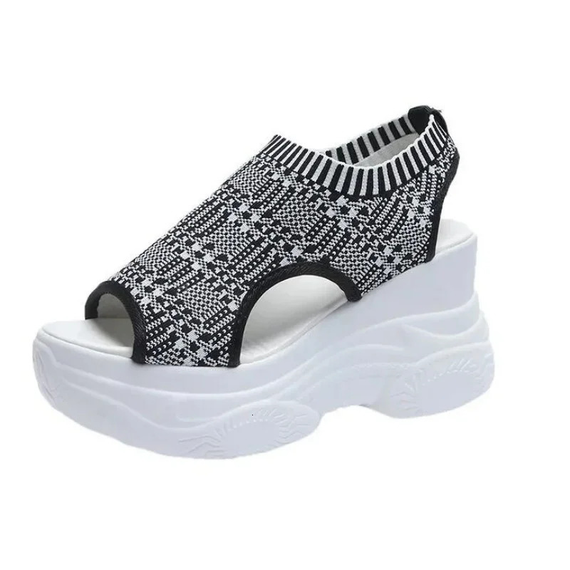 2025 Summer Knitted Fish-mouth Shoes Fairy Wind Cake Sole High Heel Flying Weave Slope Heel Thick Sole Sports Womens Sandal 250605