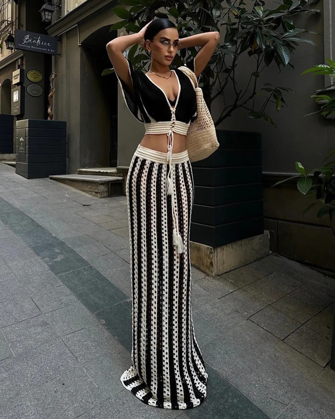 2025 Summer Vacation Outfits Striped Knitted Dress Sets Hollow Out Long Skirts With V-Neck Short Sleeve Crop Tops for Women 250605