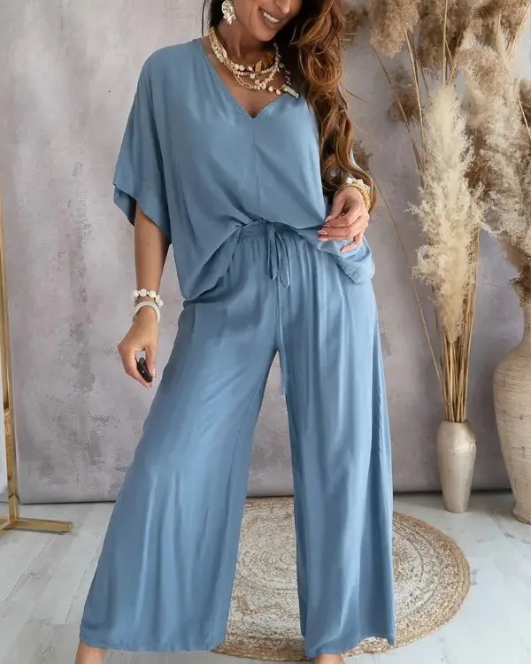 Womens Summer Trousers Suit V-neck Bat Sleeve Casual Top Lace-up Trousers Loose Solid Color Suit Two-piece Set 250605