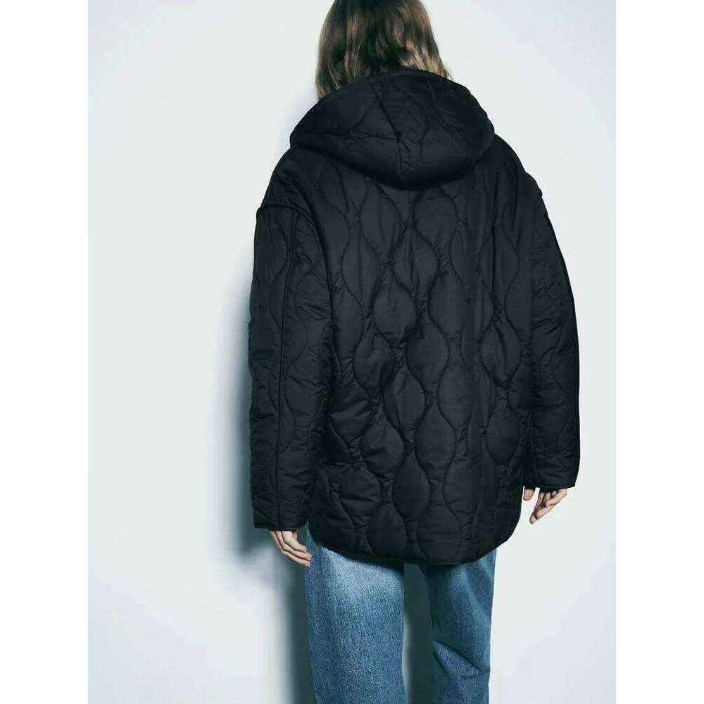 TRAF New Hooded Jacket Autumn and Winter Zipper Long Sleeve Warm Solid Color Cotton Clothing Fashionable Women's Tops