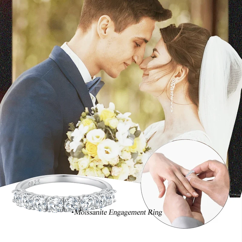 BAMOER Stackable Round Moissanite Ring Iris Lace Band 925 Sterling Silver Half Eternity Ring D Color for Women Engagement Gift