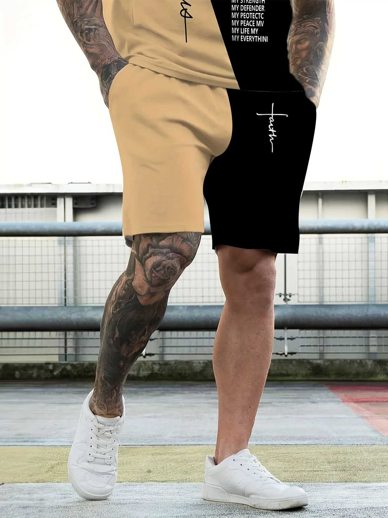 New Mens Summer Refreshing Breathable T-shirt Shorts Two-Piece Set Unique Black and Brown Splicing Letter W250609