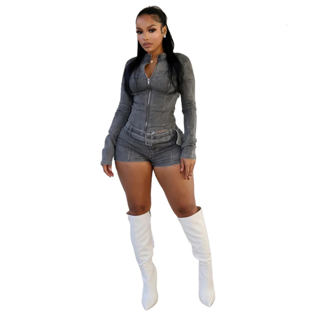 Sexy Denim Womens 2 Two Piece Set Stretchy Long Sleeve Zip Up Slim Jackets and Shorts Suits Y2k Streetwear Belt Jean Outfit Sets 250605
