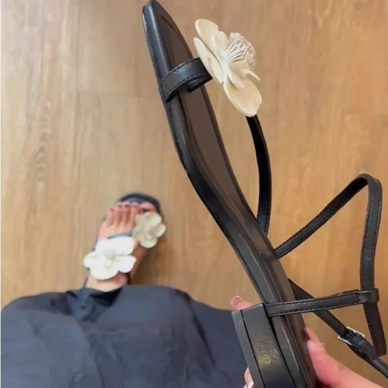 Womens Spring and Summer Soft Leather Soft Sole Beach Open Toe Square Heel Shoes Flower Strap Sandals 250605