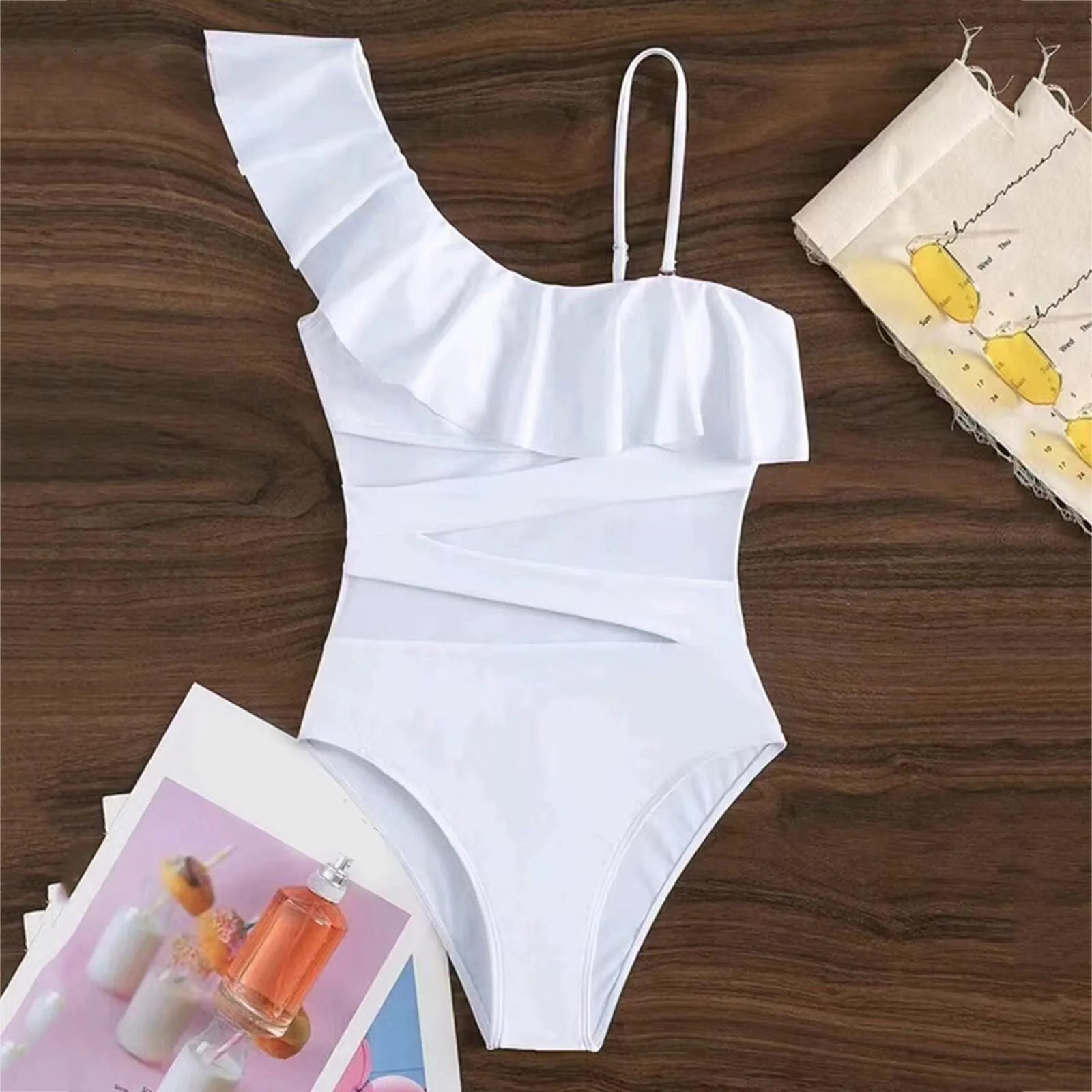 Ruffle Sling Swimsuit Mesh Splicing Solid Color Push Up Summer Bikini High Cut Conservative Beach Vacation Swimwears 250530
