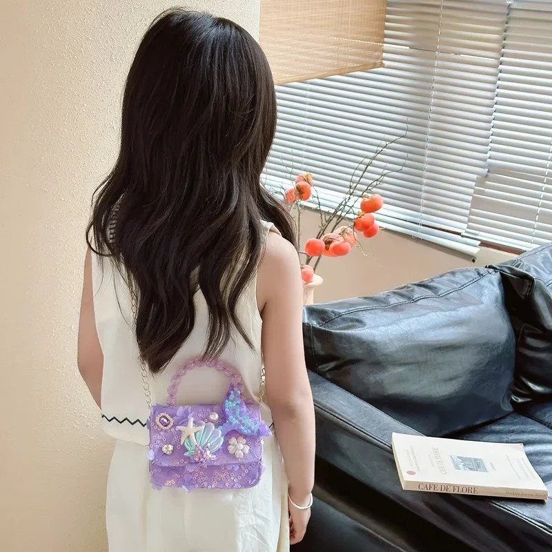 Lovely Sequin Girls Square Shoulder Bag Fish Tail Starfish Princess Crossbody Bags Bead Handle Childrens Small Handbags Purse 250605
