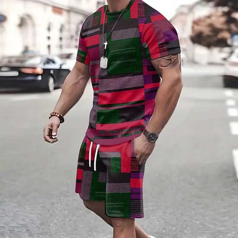2024 Fashion Mens Sportswear 3D Patchwork Print T-shirt Shorts 2Pcs Sets Summer Casual Short Sleeve Crew-Neck Tracksuit Outfits W250609