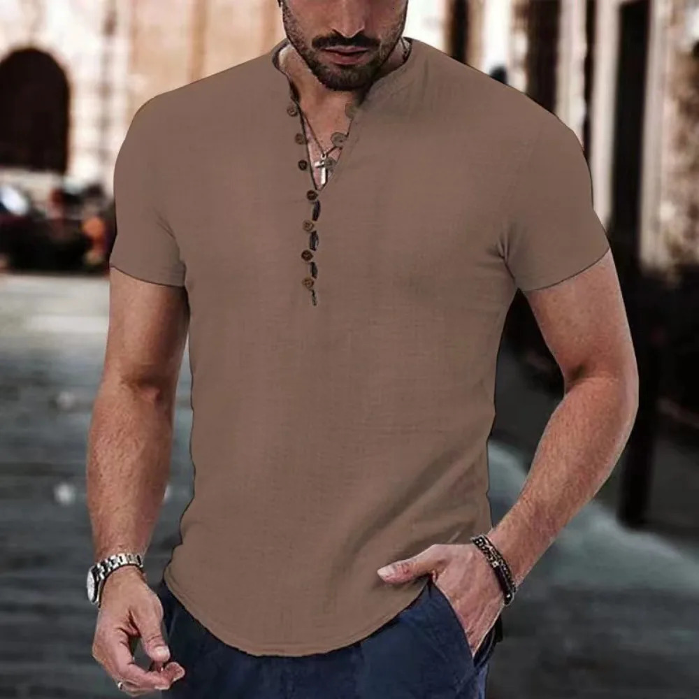 Mens Short Sleeve Tshirt V neck button Cotton Linen Shirt Mens Casual Clothes Tops for Men 250605