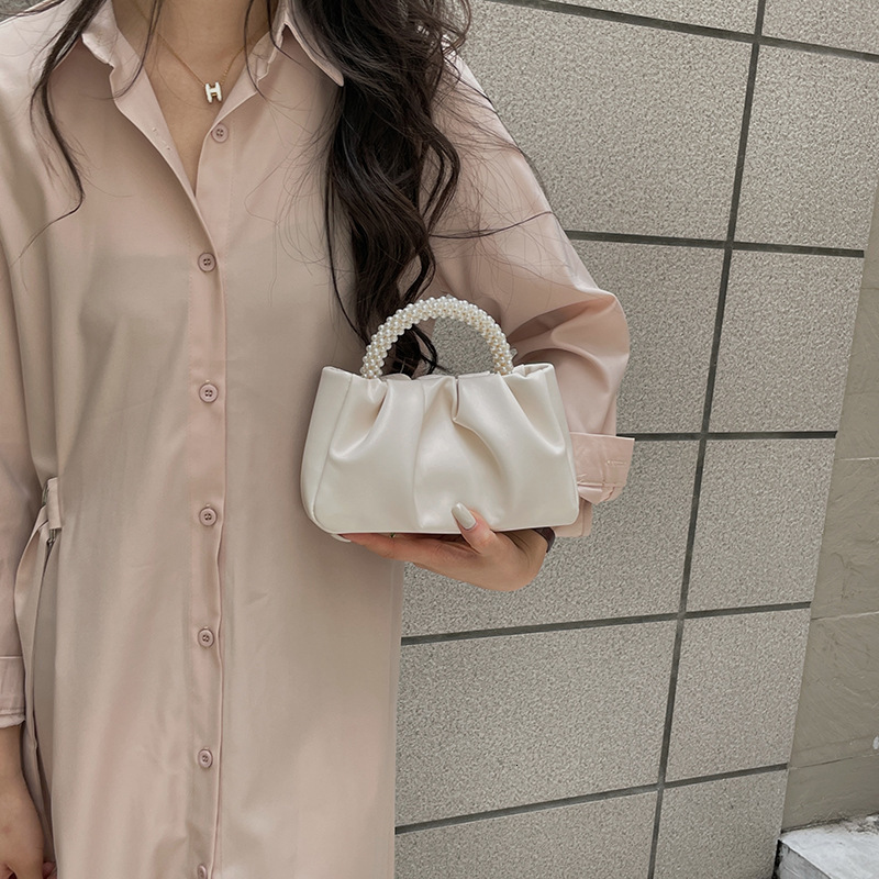 designer Leather Crossbody Small Bag 2025 New High-end Pearl Wood Handle Pleated Cloud Bag Single Shoulder Handbag for Women