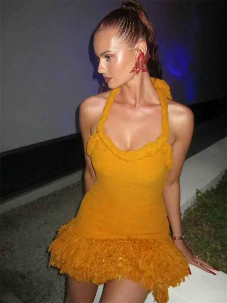 Leosoxs Fluff Patchwork Dress Women Halter Extra-Long Bandage Sleeveless Backless Autumn Trend Party Clubwear Mini Bodycon 250605