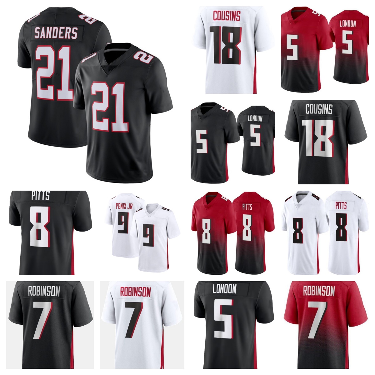 Men's 8 Kyle Pitts 7 Bijan Robinson 5 Drake London 18 Kirk Cousins 9 Michael Penix Jr. 21 Deion Sanders 55 Kaden Elliss 3 Jessie Bates III Limited Jersey