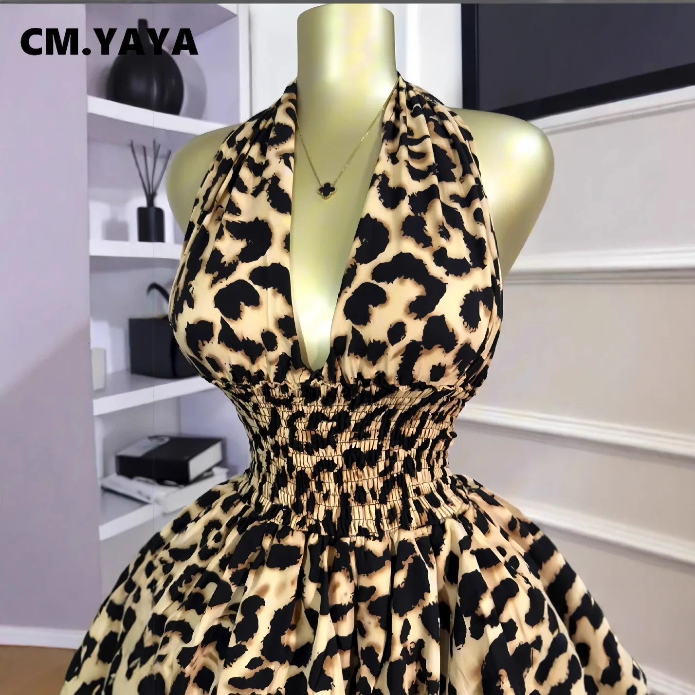 CM.YAYA Women Leopard Print Halter Neck Backless Cascading Ruffles Big Swing Ball Gown Mini Dress 2025 Sexy Club Party Dresses 250605