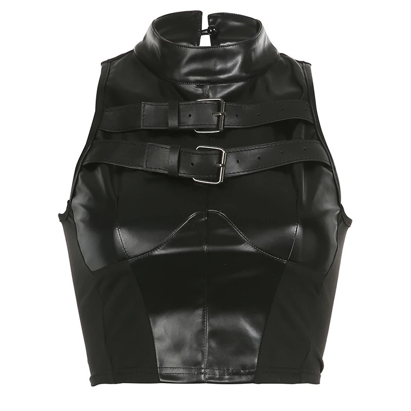 BIIKPIIK Moto biker Leather Tank Top For Women Streetwear Sleeveless Crop Punk Dark Patchwork Oneck PU Vests Vintage Trendy 250527