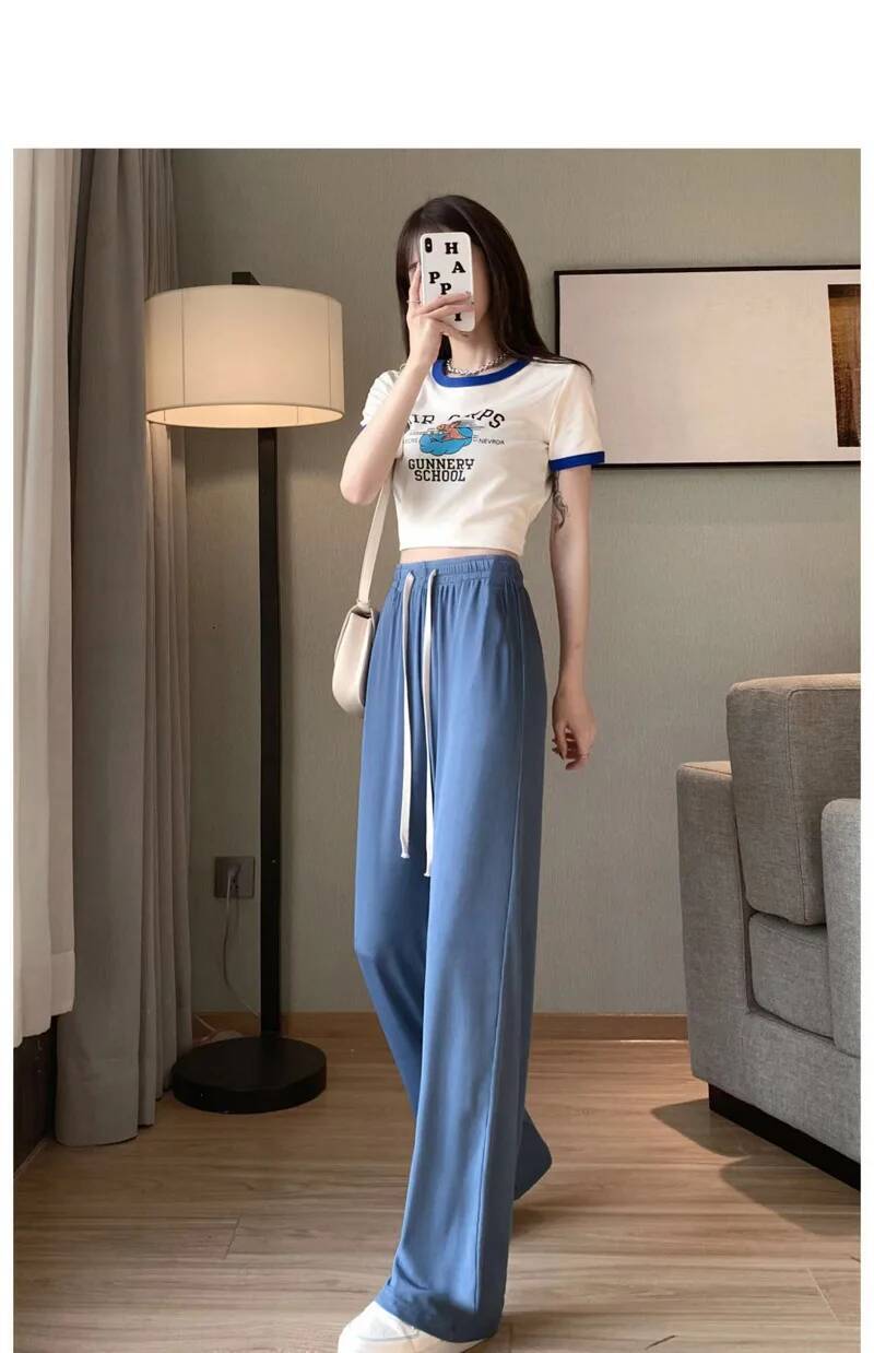 2025 New Women Ankle-Length Wide Leg Casual Solid Elastic Waist Loose Ice Silk Pants Spring Summer Female Trousers