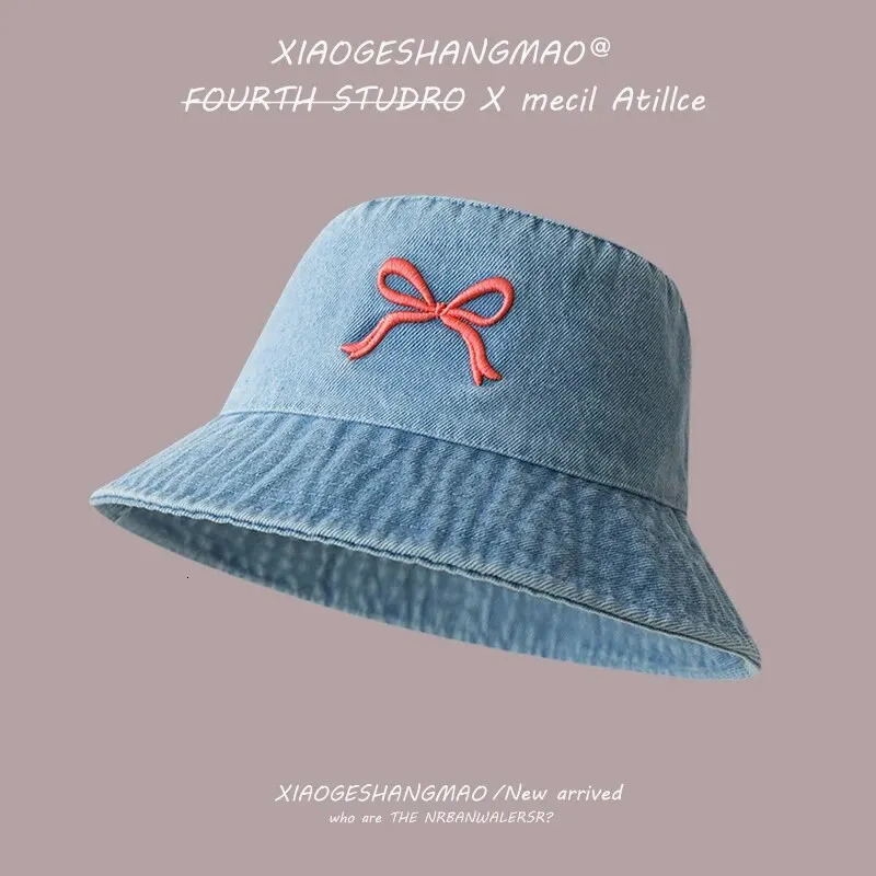A Fishermans Hat Three-Dimensional Embroidery Bow Travel Shopping Washed Denim Basin Hat 250605