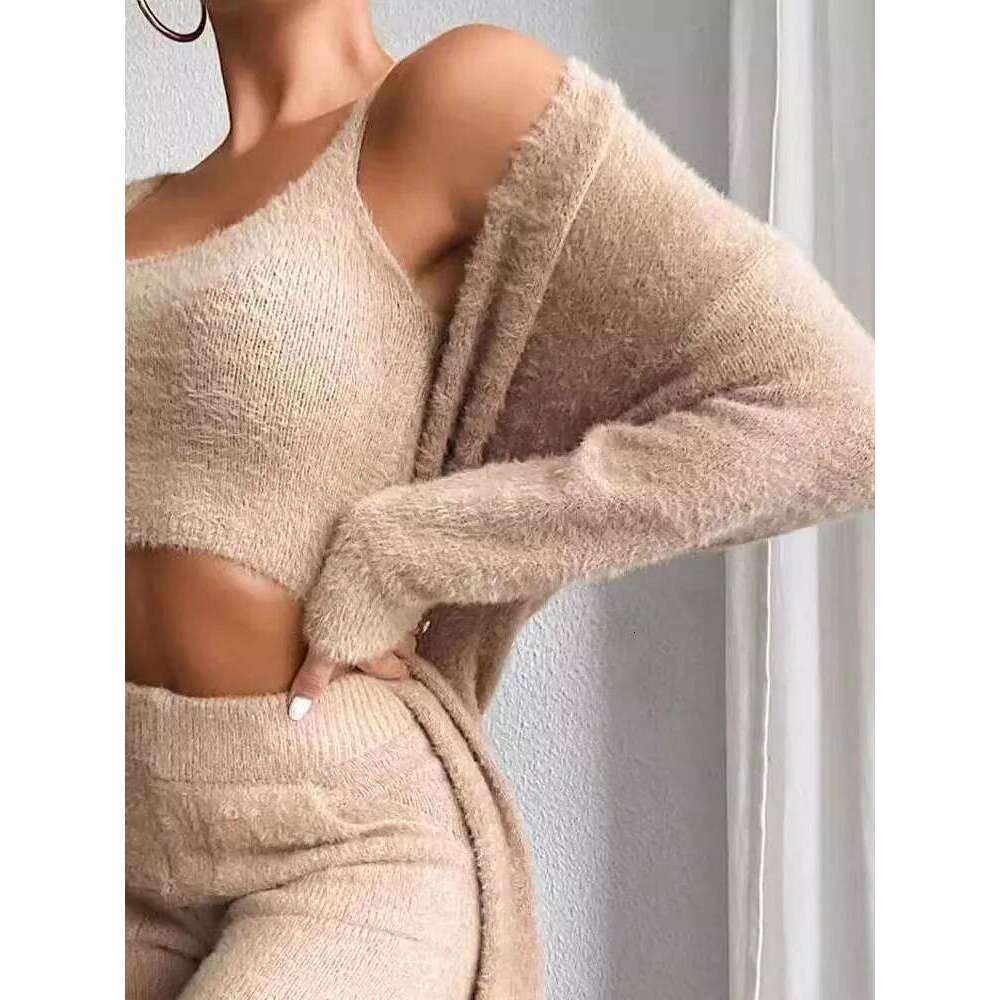 Autumn Winter Women's New Sexy V-neck Plush Short Sleeveless Vest Waist Exposed Pants Long Coat 3-piece Set For Women