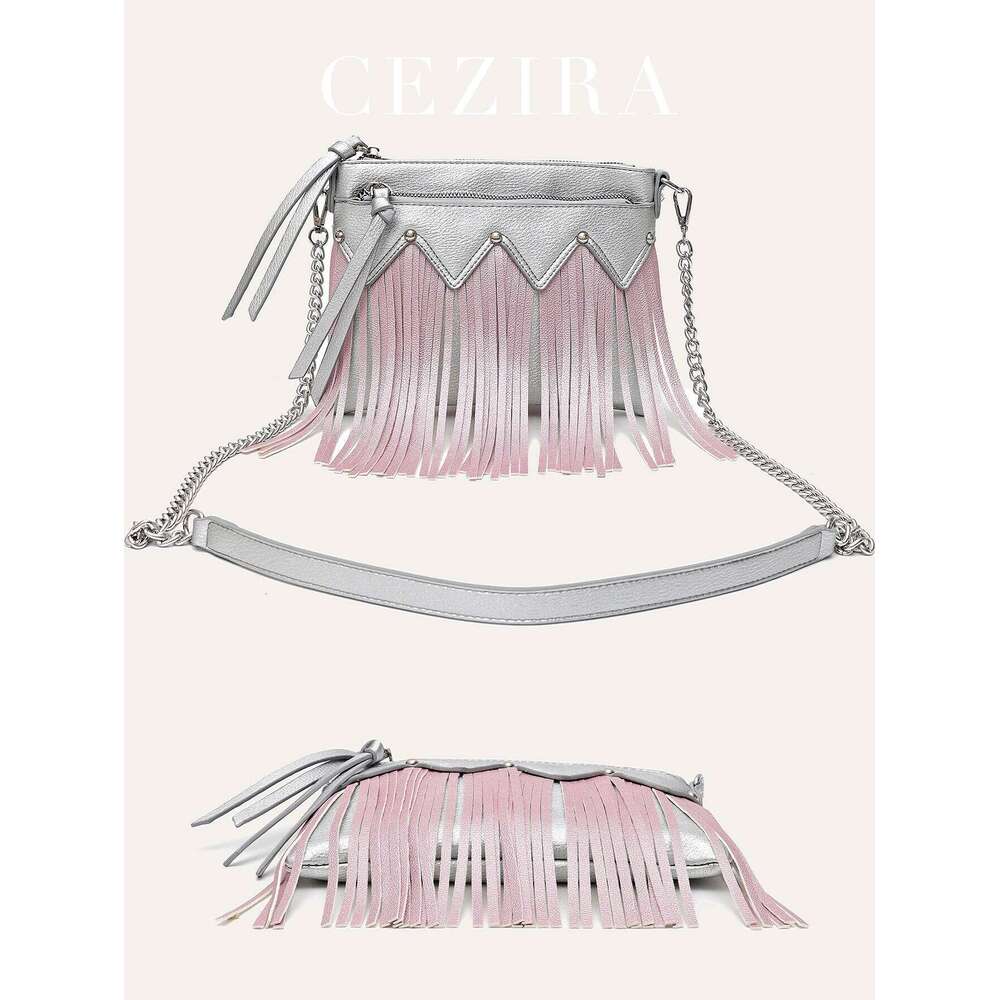 CEZIRA Fashion Chic Metallic PU Leather Contrast Color Tassel Handbag For Women Fringe Studded Chain Cross Body Bag Boho Casual