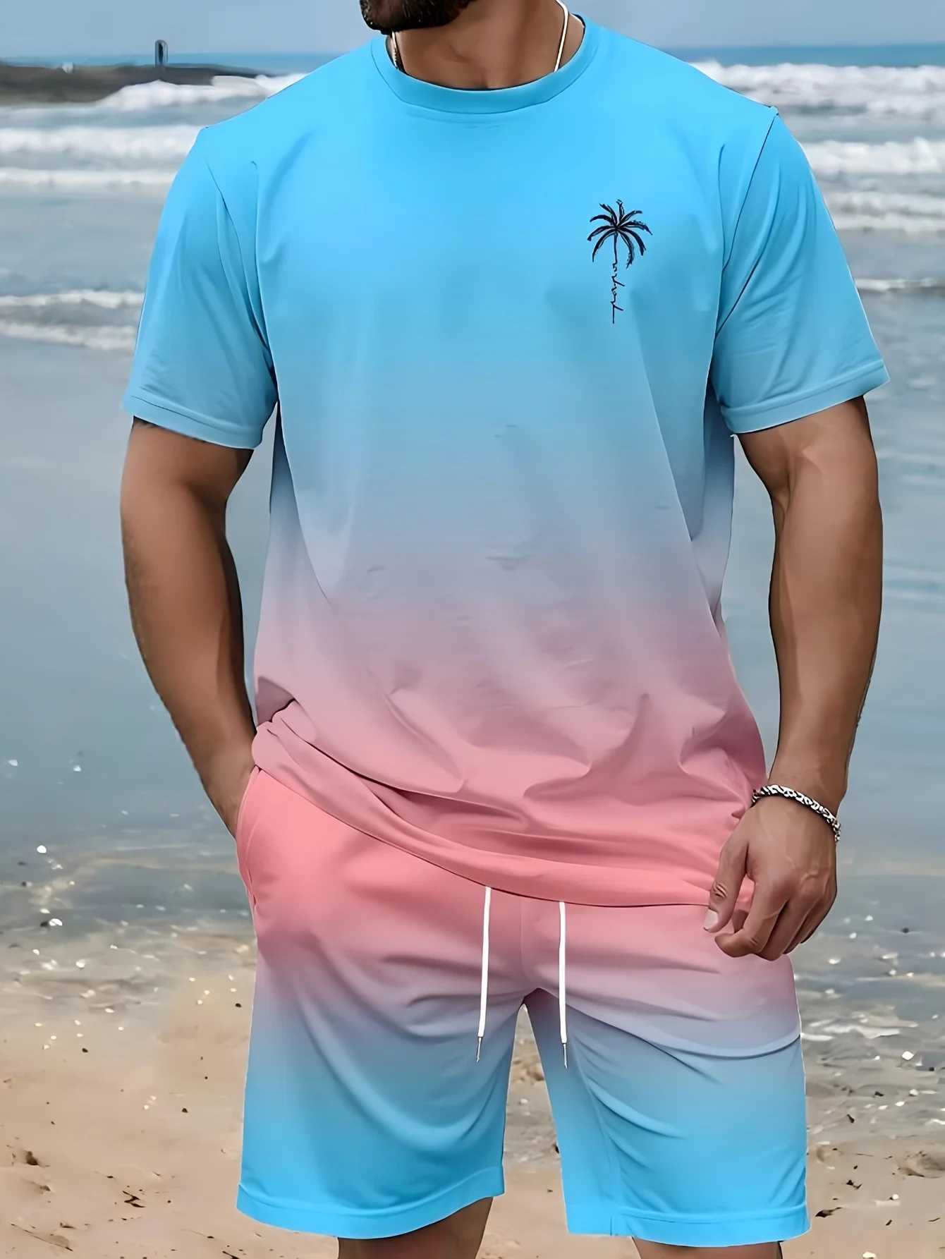 Mens Two Piece Casual Crew Neck T-shirt and Shorts with All Over Print Regular Fit Spring/Autumn Sweatshirt W250609